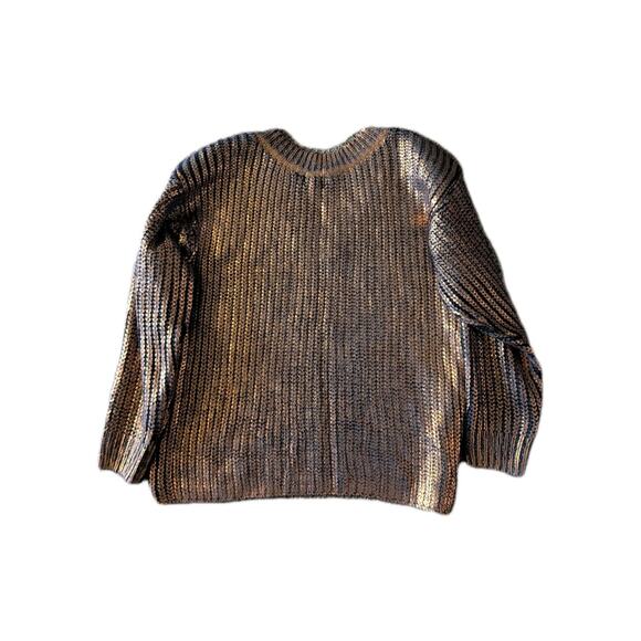 BiBi Metallic Bronze Ribbed Sweater | Shimmer Knit V-Neck Pullover | Cozy... - Picture 5 of 10